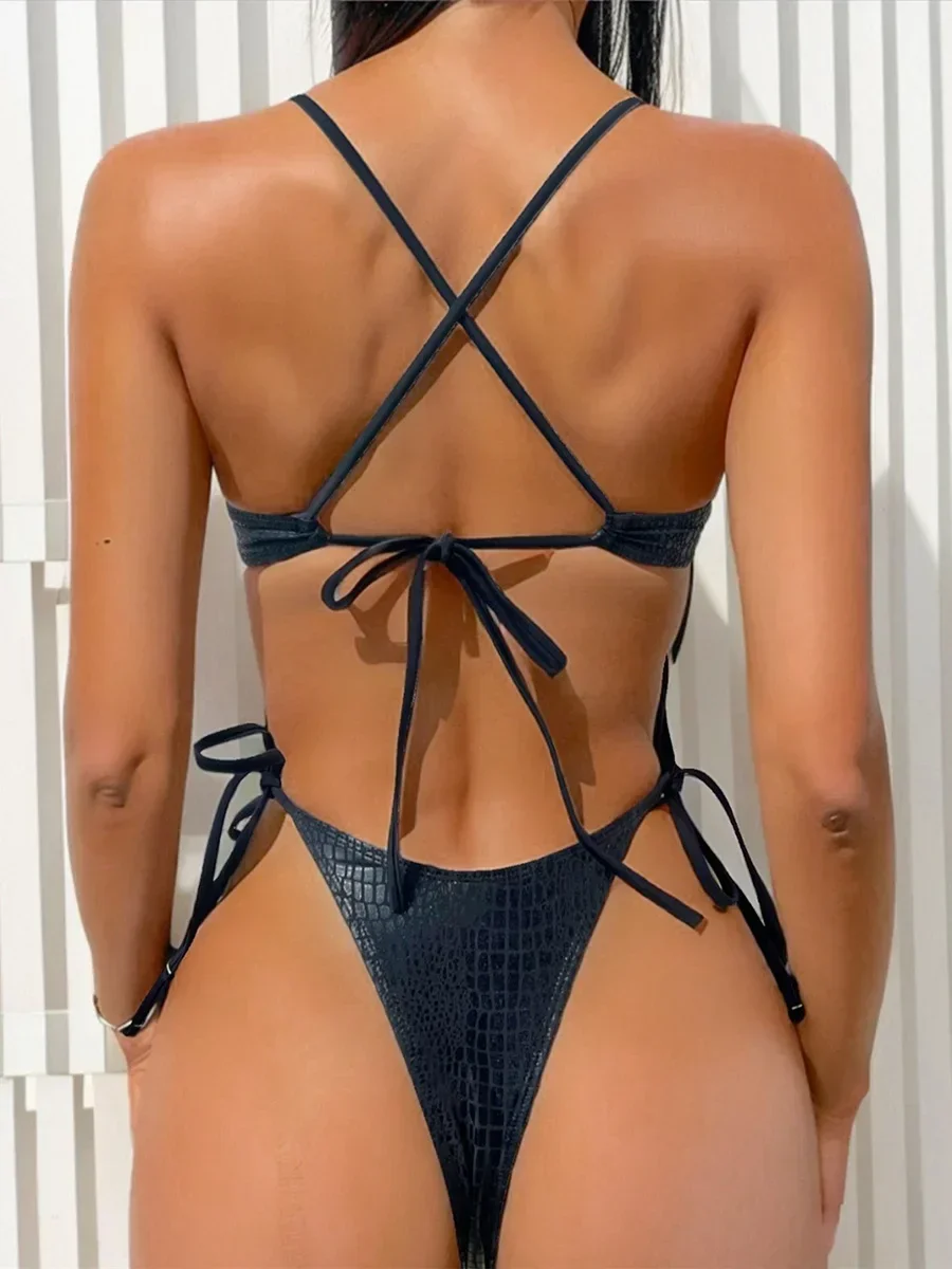 Snake Skin High Leg Cut Women Swimwear One Piece Swimsuit Female Hollow Out Monokini Cross Backless Bathing Suit Swim Beach Wear