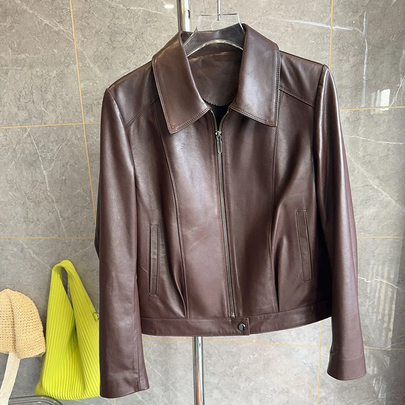 2025 nuove giacche di pelle di pecora di alta qualità moda cerniera moto e motociclista cappotti corti donna marrone / nero giacche casual in vera pelle