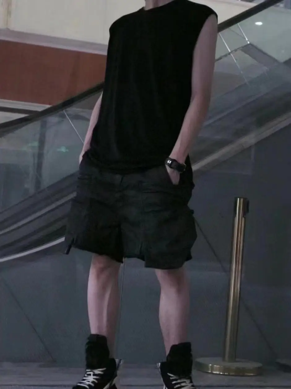 24SS High Street Fashion Dark Ro Style Cargo Washed Denim Shorts Men's Cargo Pockets Casual Loose Jean Shorts Pants