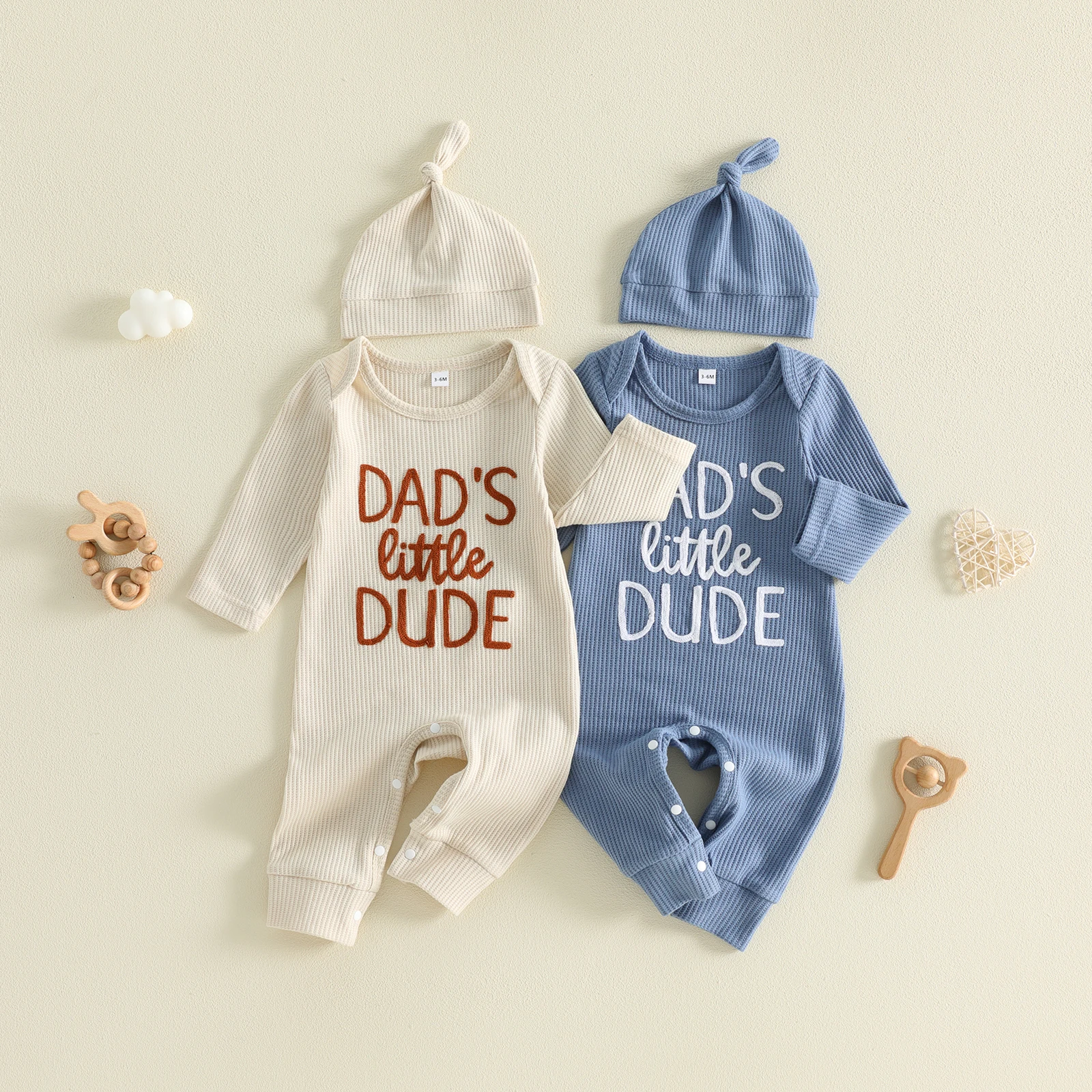 Baby Boy Fall Romper Waffled Knit Letter Embroidery Long Sleeve Crew Neck Jumpsuit with Hat 2 Pcs Set