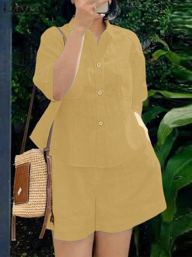 ZANZEA-Conjunto de 2 piezas de verano para mujer, camisas informales con cuello de manga 3/4, pantalones cortos de cintura elástica, trajes de 2 uds, conjuntos cortos sólidos para todos los días