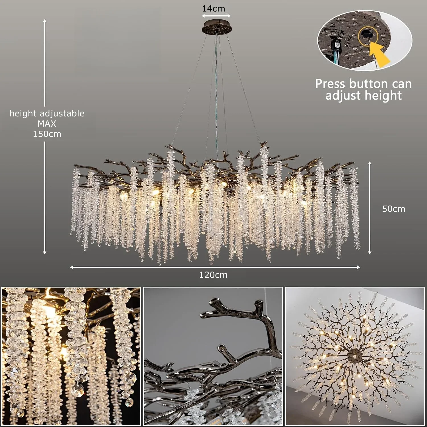 

Modern Black Round Branches Crystal Chandelier Lighting for Dining Room Living Room Bedroom Table K9 Large Luxury Chandeliers