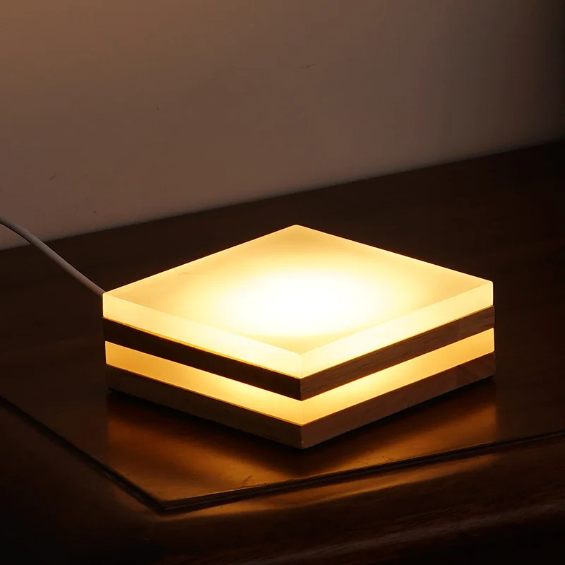 Square Wooden Art Table Lamp, Brightness Adjustable Desk Light, Dimmable Bedside Night Lighting, Potted Decoration Nightlight