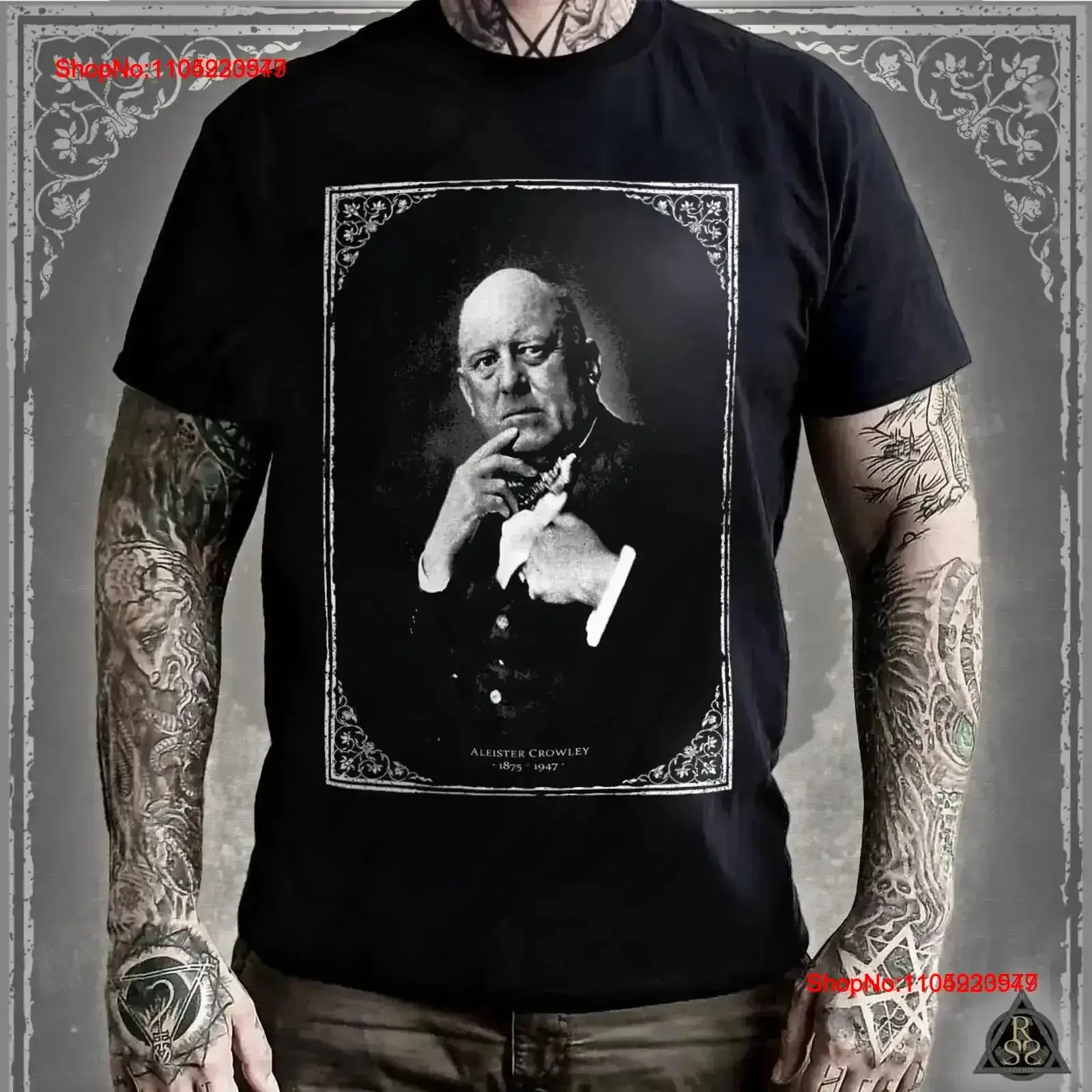 تي شيرت أليستر كراولي بورتريه جولدن داون ثيليما 666 طقوس سحري باطني ملابس غامضة قوطية داكنة عتيقة مغسولة #1
