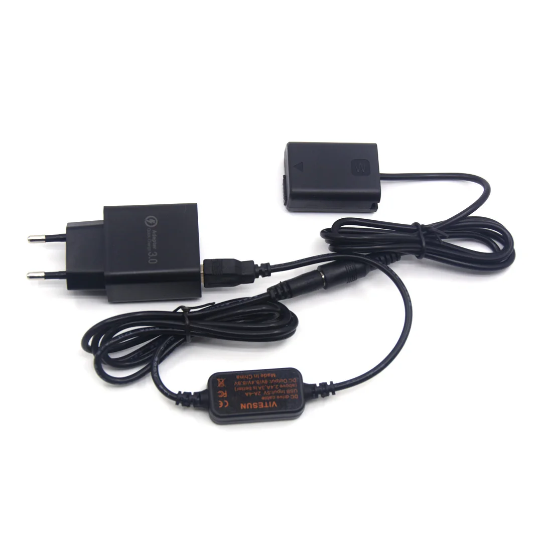 QC Charger USB to DC Cable NPFW50 Dummy Battery for Sony ZV-E10 A7S2 A7R A7RII A3000 A3500 A5000 A6000 RX10 A37 A55 NEX-6 Camera