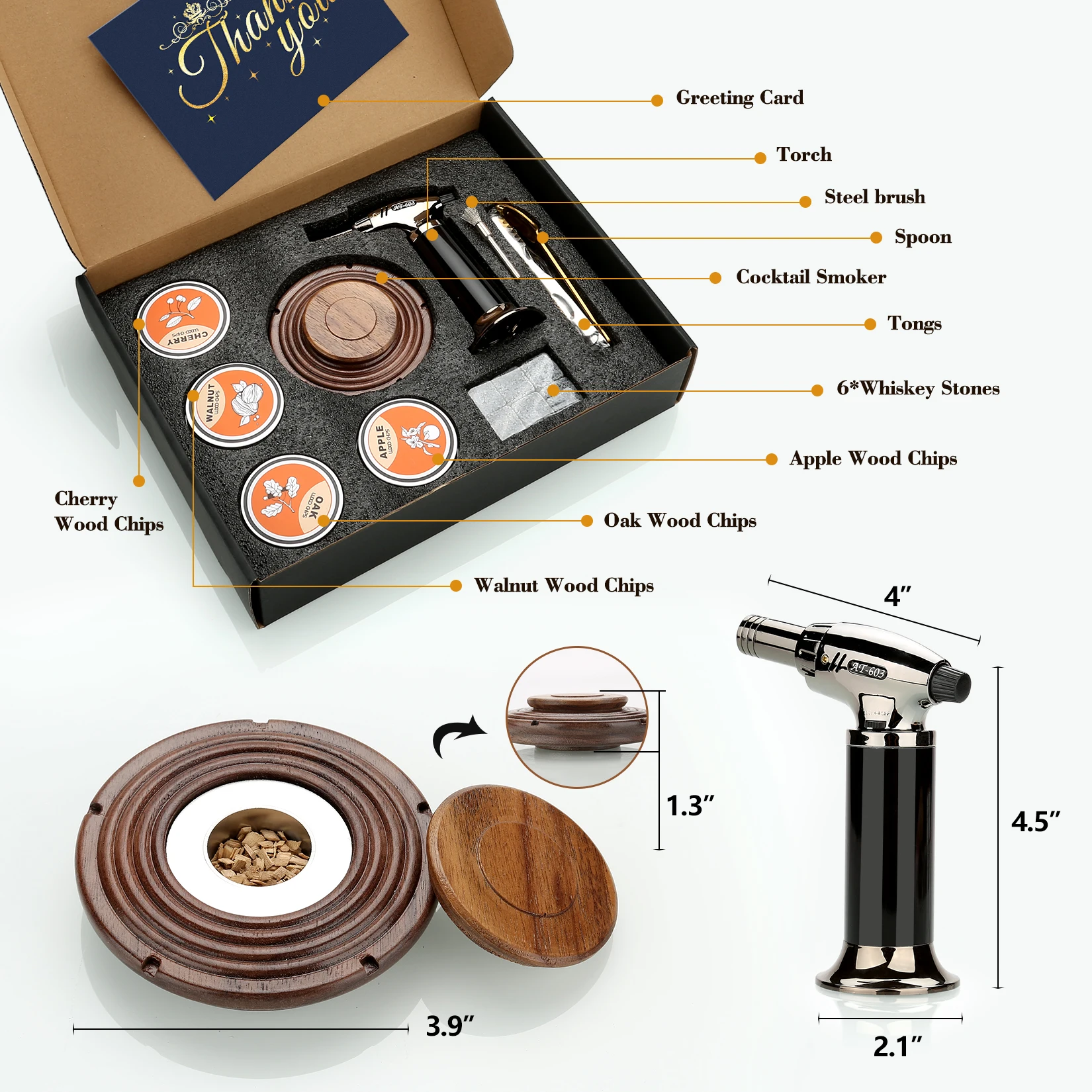 Cocktail Smoker Kit With Torch 4 Wood Chips Whiskey Stones Spoon Ice Tong Smoker Accessories Without Butane For Bartender