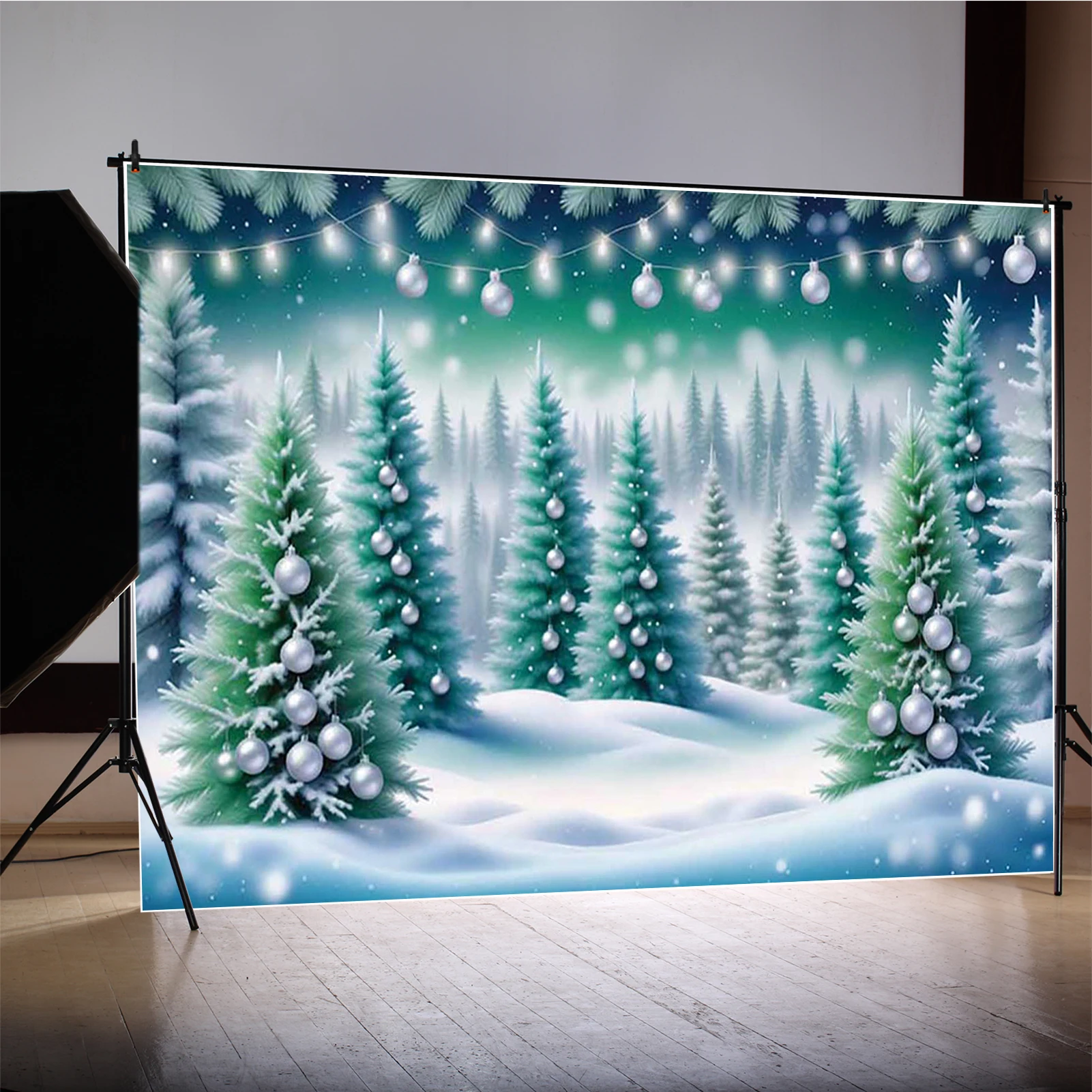 MOON.QG Winter Christmas Backgrounds For Photographs Snow Sliver Baubles Forest Backdrop Shooting Props Poster Photocall Studio