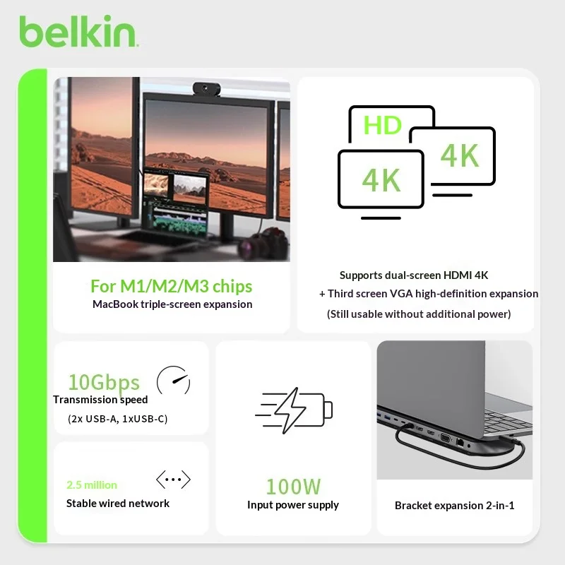حامل محطة إرساء سطح المكتب 11 في 1 من Belkin متعدد المنافذ لأجهزة الكمبيوتر المحمولة Apple وMacBooks يدعم توسيع عالي الدقة ثلاثي الشاشات #3