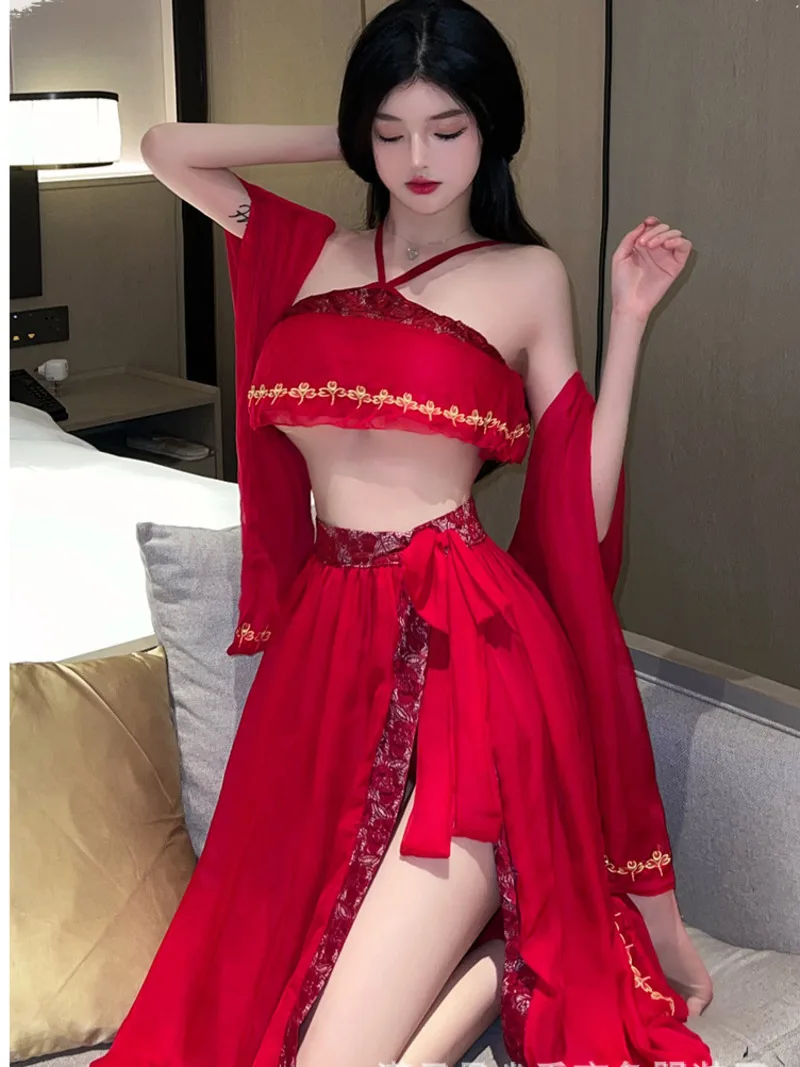 

Role Playing Chinese Hanfu Sexy Print Perspective Belly Pocket Exotic Uniform Dress Elegant Fashion Sexy Korean Women XG6O