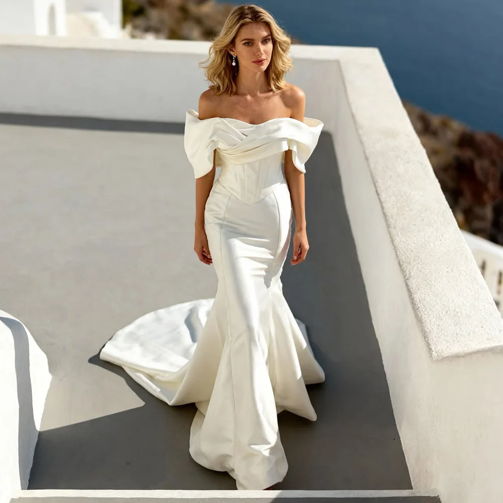 Customized Off the Shoulder Bridal Gowns Elegant Mermaid Strapless Vestido De Novia High Quality Satin Ruched Wedding Dress
