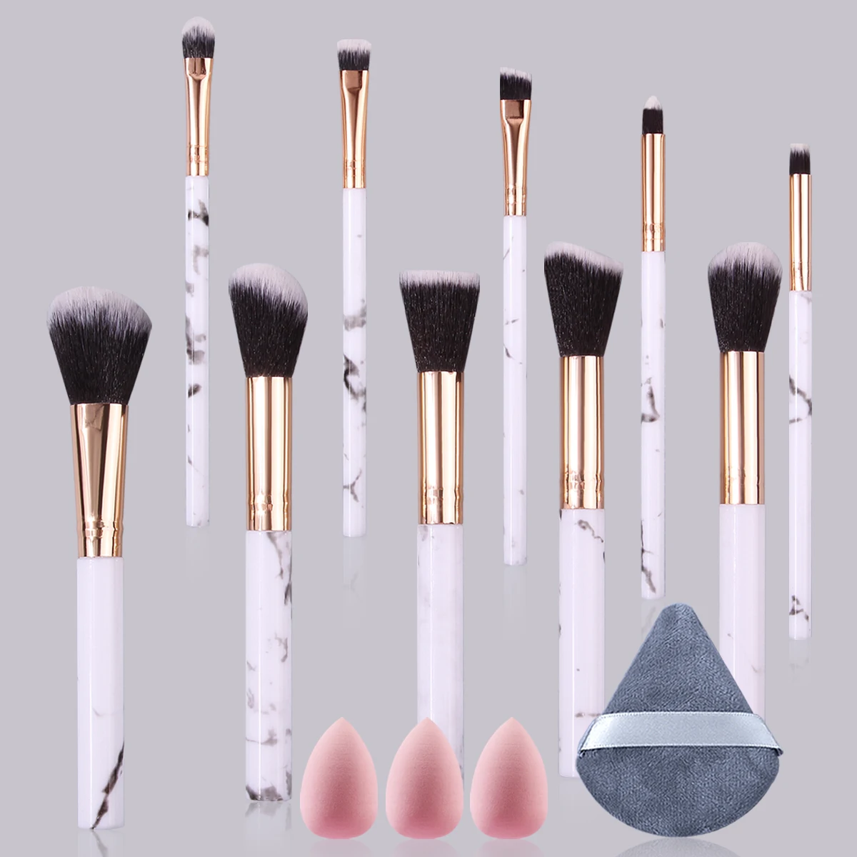 10PCS Marbled loose powder blush makeup brush set +3PCS mini sponge egg +1PCS triangular powder puff beauty tool