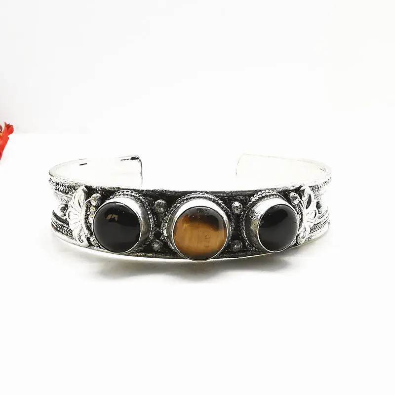 Tibetan inlaid Multi Stone Beads Open Cuff Bangles Black Agates Tiger Eye Labradorite Nepal Vintage Jewelry BB-116