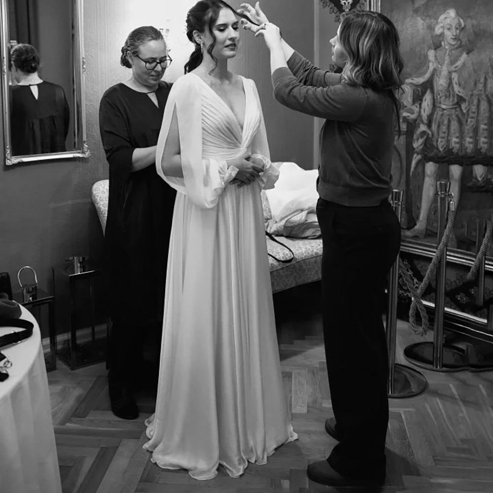 V Neck A Line Chiffon Wedding Dress Simple Long Bishop Sleeves Criss Cross Backless Ruched Ivory Solid Bridal Gowns Customized