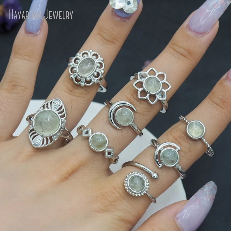 

10Pcs Silver Color Semi-precious Stone Prehnites Wholesale Geometric Ring RM51259