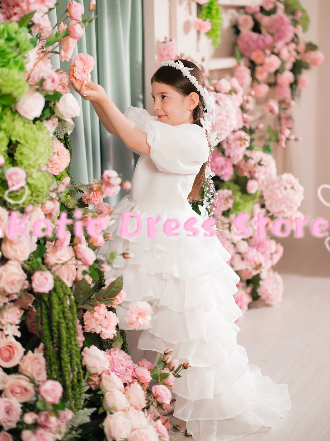 White Customized Layered Flower Girl Dress For Wedding Tulle With Bow Puffy Kids Birthday Party First Communion Ball Gowns