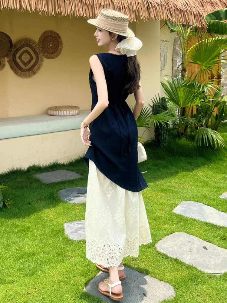 SMTHMA coreano Chic Sexy cuello en V sin mangas vestido Irregular de las mujeres de encaje empalmado cintura delgada falso vestidos largos de dos piezas