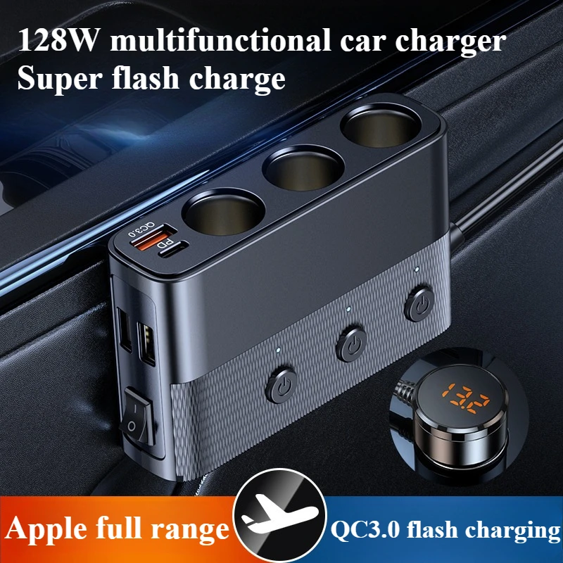 

128W Car Charger Adapter USB PD QC3.0 Socket Cigarette Lighter Car Socket Splitter with Switch Quick Charge Adapter Acesssories
