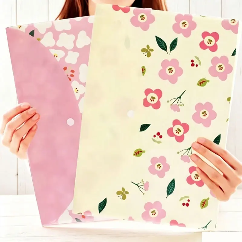 2Pcs Cute Floral A4 Document Envelope Snap Closure Plastic File Bag Large Capacity Waterproof Test Paper Folder Student