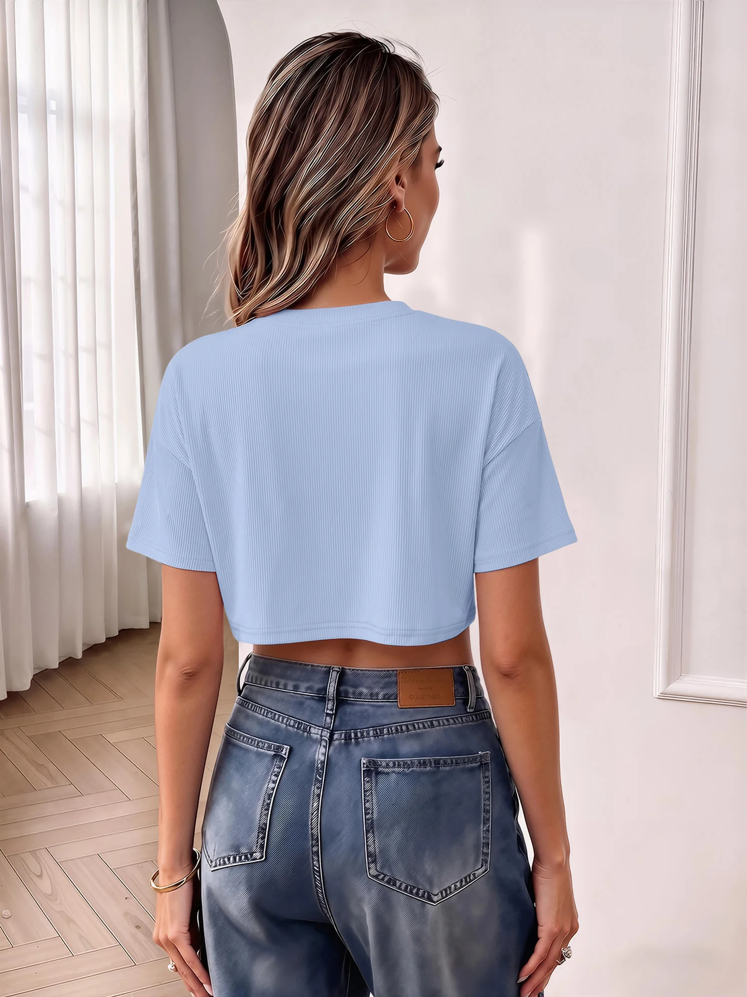 Comfy Everyday Knit Crop Blouse, Loose Short Sleeve Shirt for Afternoon Hangouts & Sightseeing