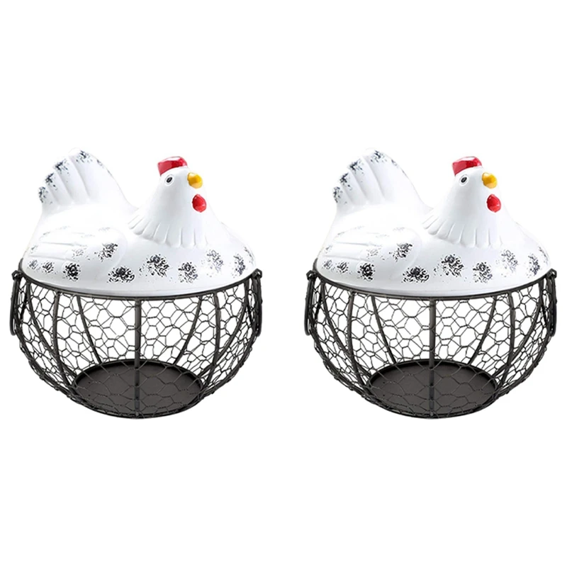 

2X Egg Basket,Eggs Holder Basket, Organizer Storage Wrought Wire Restaurant Storage Basket,Kitchen Hen Decor (White)