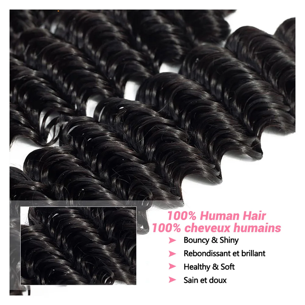 QIYING Deep Wave Bundles With 4x4 Lace Closure 12A 100% Virgin Human Hair Weave Extensions Free Part Natural Black Double Weft Curly Human Hair Bundles With Closure Local In Stock Fast Shipping For Women