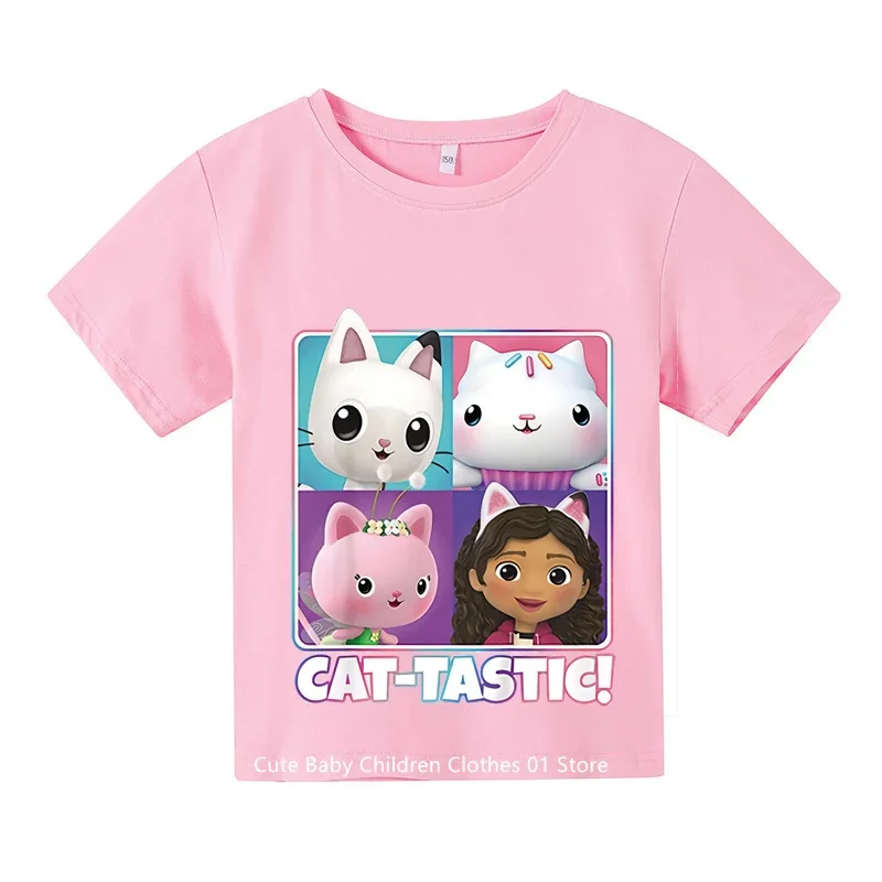 Gabby Dollhouse T-shirt for Children Girl Cartoon Cotton Tees Anime Summer Top Themed Birthday Clothes O-neck Short Sleeve Gift