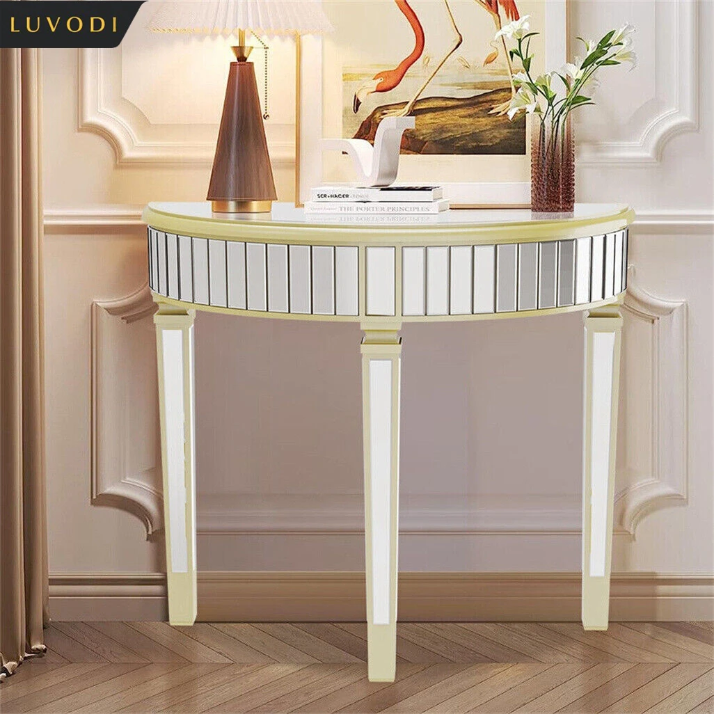 LUVODI Half-Round Mirrored Glass Console Table Modern Silver Curved Entryway Porch Desk for Porch,Living Room,Bedroom