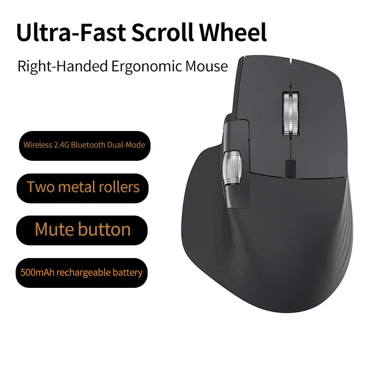 

Беспроводная эргономичная мышь для правой руки, 2.4G и Bluetooth, двухрежимная, перезаряжаемая, с бесшумными кнопками, двумя металлическими колесиками, для офиса