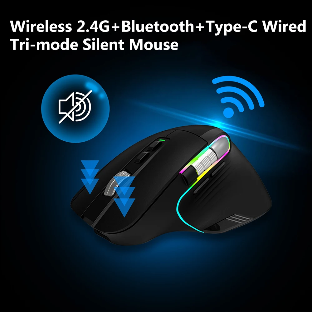 

2.4G + Bluetooth + Type-C Wired Wireless Tri-mode Mute Mouse RGB Light Ergonomic Rechargeable Mice For Laptop PC Notebook Ipad