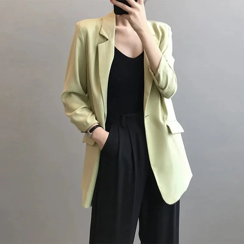 Chiffon Suit Coat Women\'s 2024 Summer New Korean Loose White Thin Long Blazers Jacket Solid Color Sunscreen Shirt Women Blazer