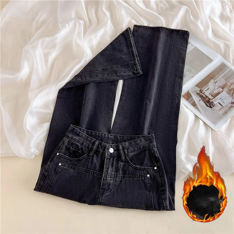 Winter Weibliche Retro Gerade Bein Plüsch Jeans Mädchen Koreanische Hohe Taille Fleece Denim Hosen Frauen Mode Baggy Thermische Hosen