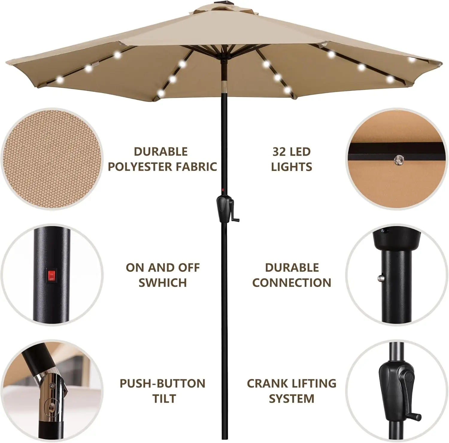 9' Round Patio Umbrella with 32 Solar Powered LED Lights, Push-Button Tilt and Hand Crank Lift System, Solar Lighted Outdoor Um