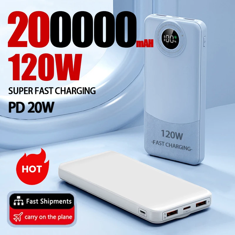 200000mAH New Power Bank 120W Super Fast Charging Ultralarge Capacity Digital Display For Mobile Power External Portable Battery