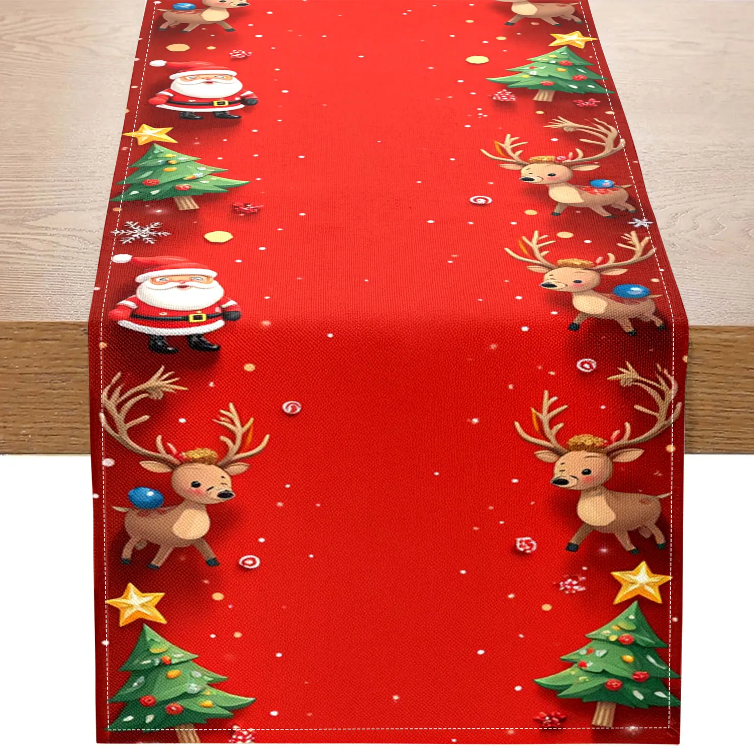1Pc Christmas Themed Table Runner with Reindeer, Christmas Tree, Santa Claus Pattern, Suitable for Christmas Party, Holiday Home Decoration Scene.