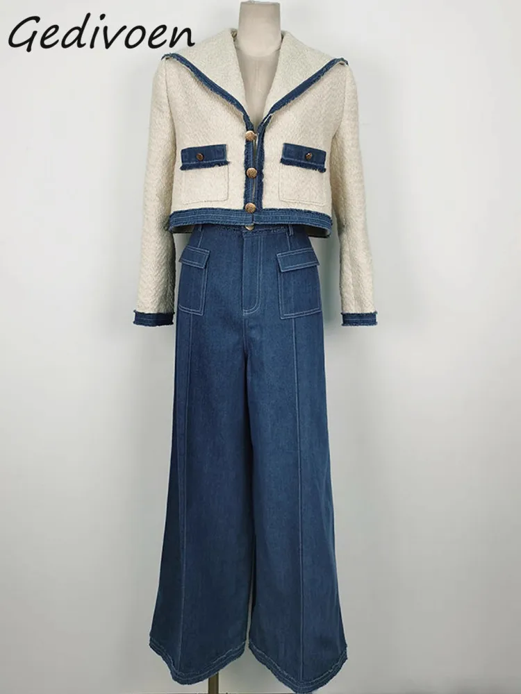 Gedivoen Winter Fashion Runway Vintage Pantaloni impiombati Set Donna Bottone con risvolto Cappotto corto sottile + Pantaloni in denim a gamba larga