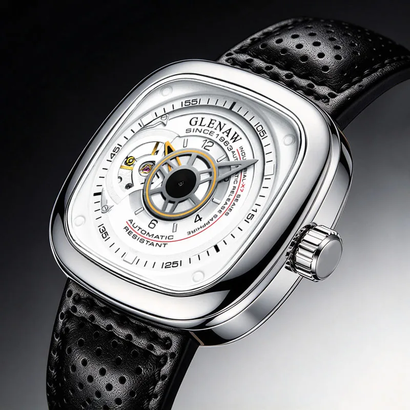 HOT Selling Brand GLENAW Black And White Matching Automatic Mechanical Watch Men's Night Light Business Men's Leather Wristwatch