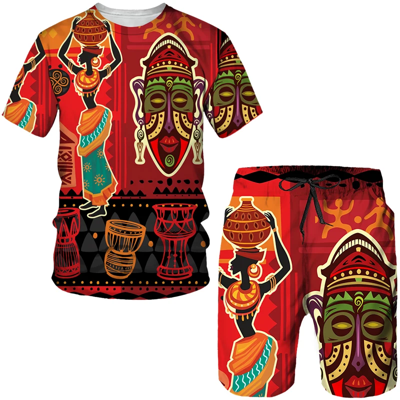 Men's Colorful African Folk-Custom 3D Print T-shirt Shorts 2pcs Suits Dashiki Ethnic Tracksuit Set for Men Sportwear Y2k Clothes