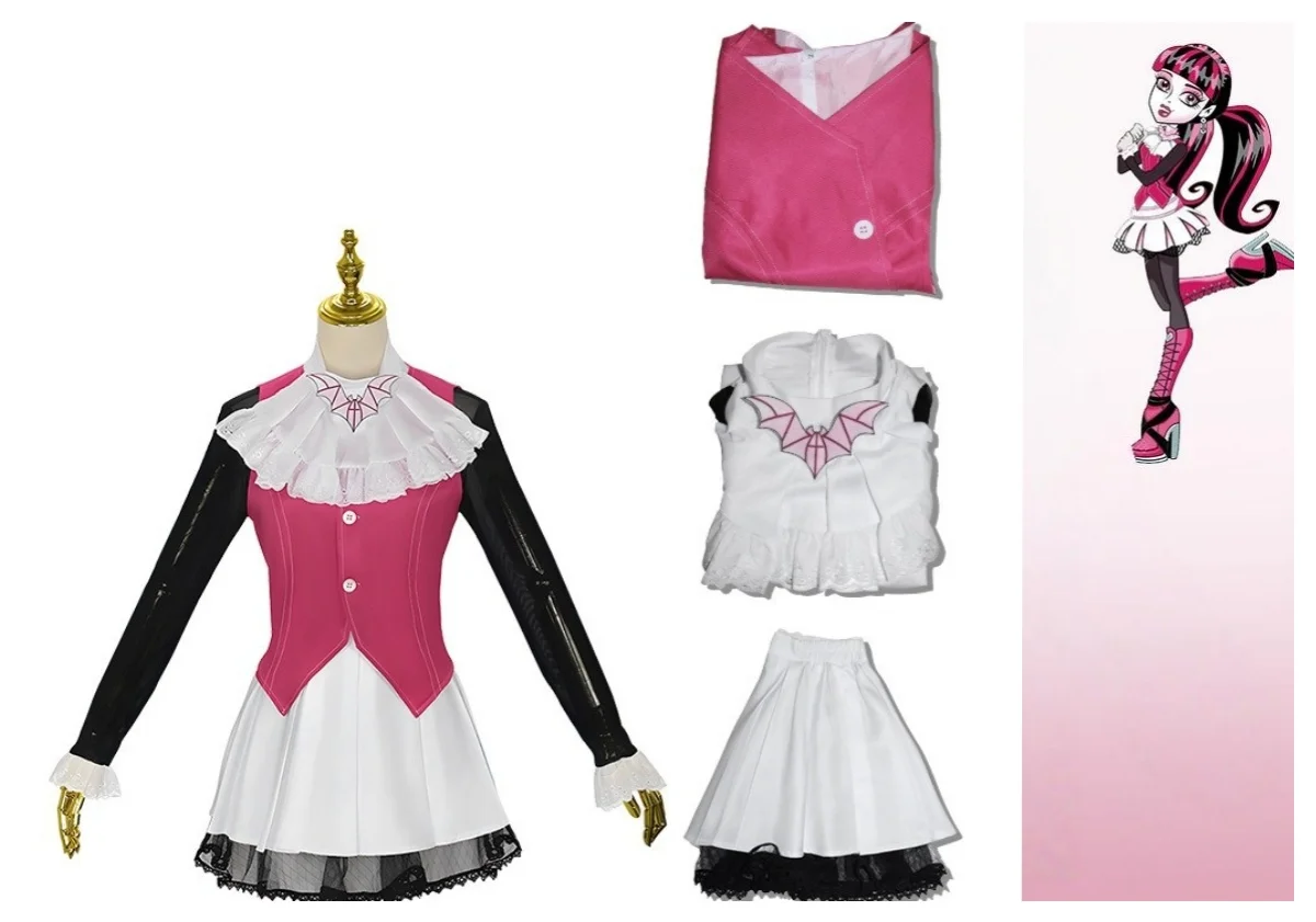 Draculaura Cosplay-Kostüm für Erwachsene, Damen-Outfits, Hemd, Jacke, Rock, Halloween-Karnevalsanzug