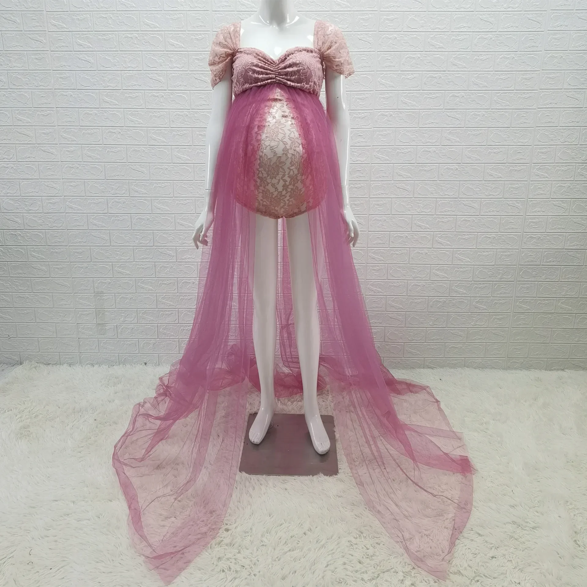 

Maternity Photography Tulle Dresses Bodysuit Outfit Pregnant Woman Photo Shoot Sides Slit with Tulle Lace Long Flying Dress