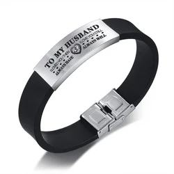 Vnox Custom TO HUSBAND Bracelets for Men Black Silicone Wrist Band with Stainless Steel Tag Valentine's Day Gift for Him