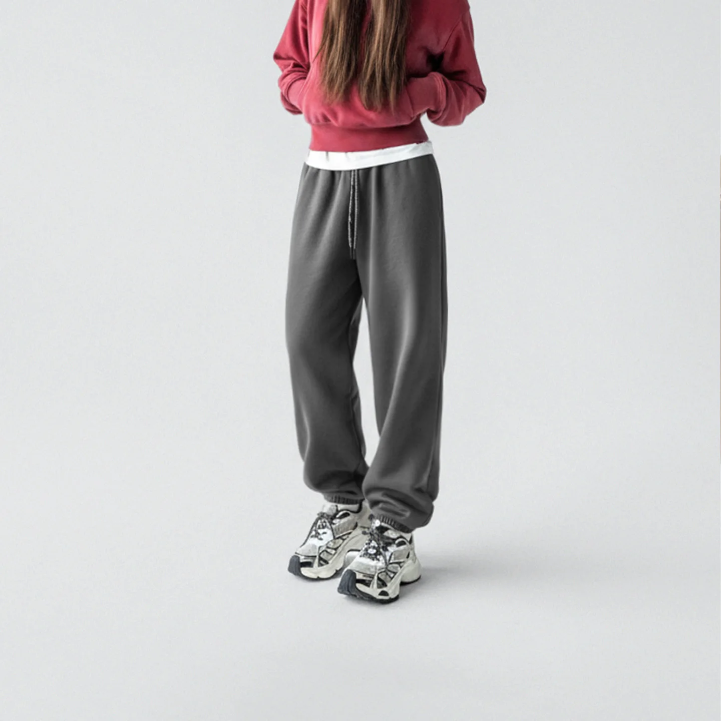 Maden Pantaloni sportivi in pile spesso invernale da donna Pantaloni da jogging caldi Pantaloni termici casual a vita alta accoglienti Grigio scuro