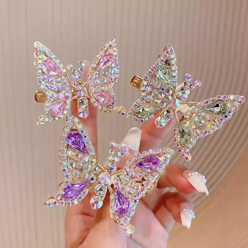 New Fashion Alloy Rhinestone Butterfly Hair Clips For Girl Women Summer Sweet Cute Shining Side Barrettes Bangs Clip Headwear Gi