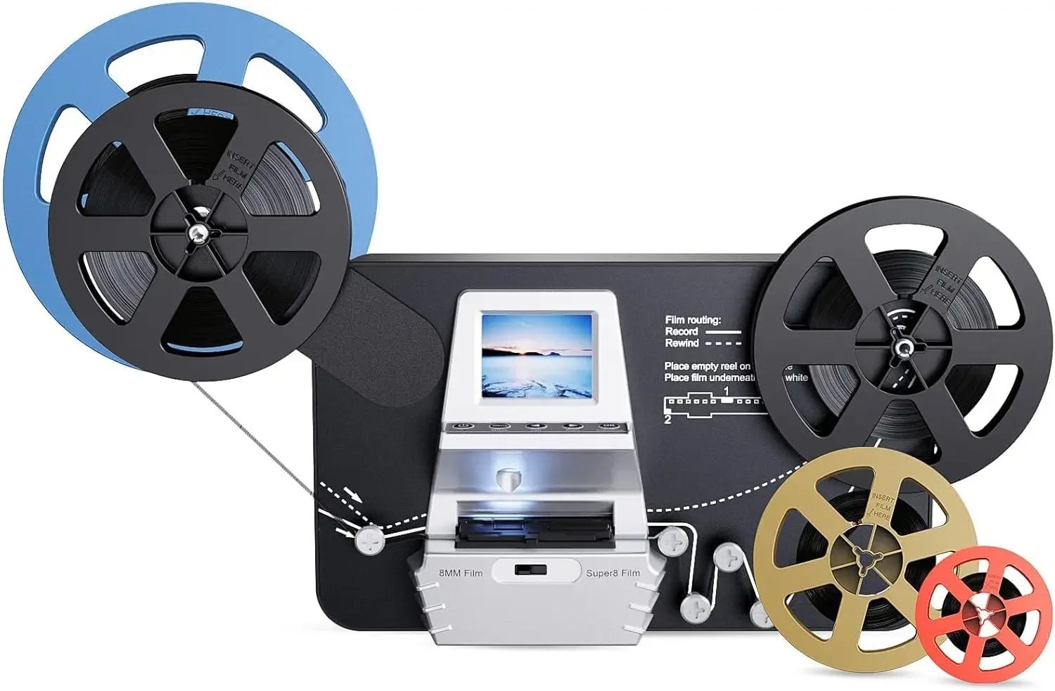 

8mm & Super 8 Film to Digital Converter, Film Scanner Digitizer with 2.4" Screen, Convert 3” 5” 7” 9” Reels into 1080P Digital