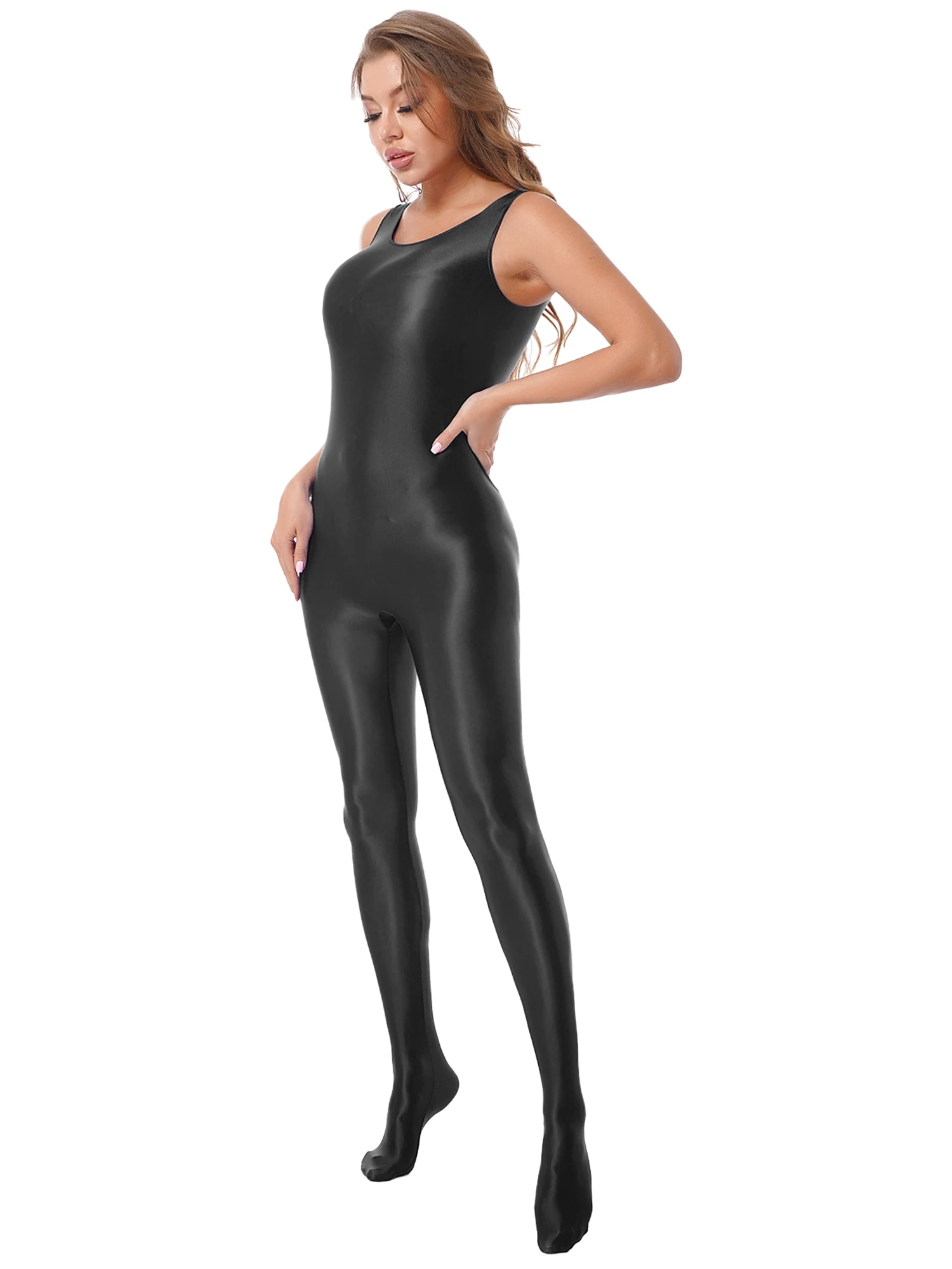 Damen-Badeanzug Zentai-Jumpsuit Lingerie Ganzkörper-Bodysuit Sport Fitness Footed Unitard Einfarbig Rundhals-Bodystocking – Detail 19