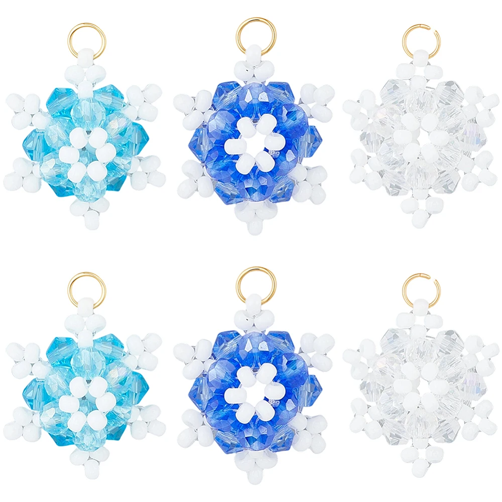 1 Box 12Pcs Glass Snowflake Charms 18K Gold Plated Stainless Steel Christmas Winter Faceted Snow Flake Glass Seed Beads Pendants