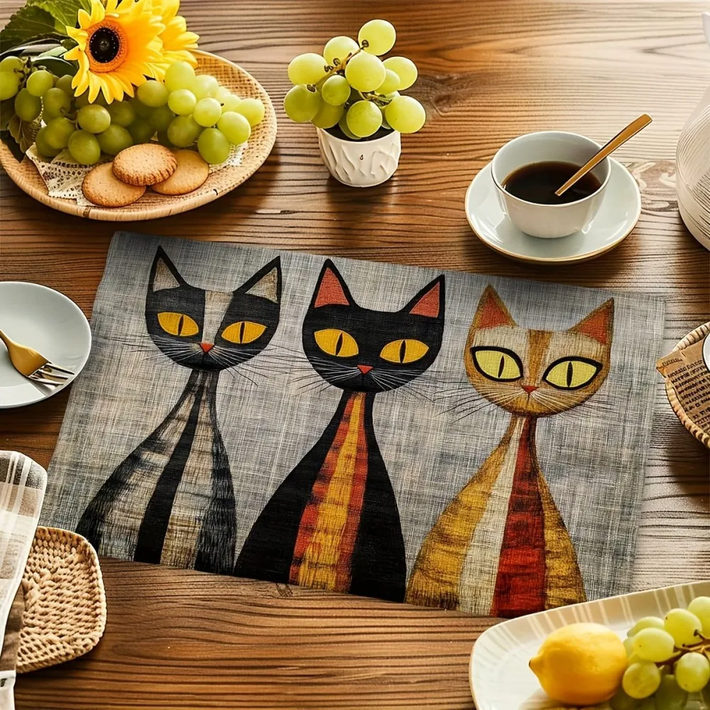 VIKAMA 4-Piece Table Mat Set Stylish Cat-Print Washable Table Mats Perfect for Kitchen & Holiday Decor Retro Home Tableware