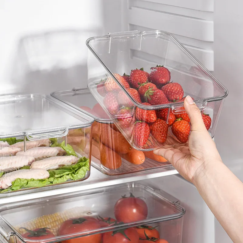 Clear Plastic Fridge Organizer Bin with Lid, Stackable Refrigerator Storage Box for Kitchen Pantry Food Container