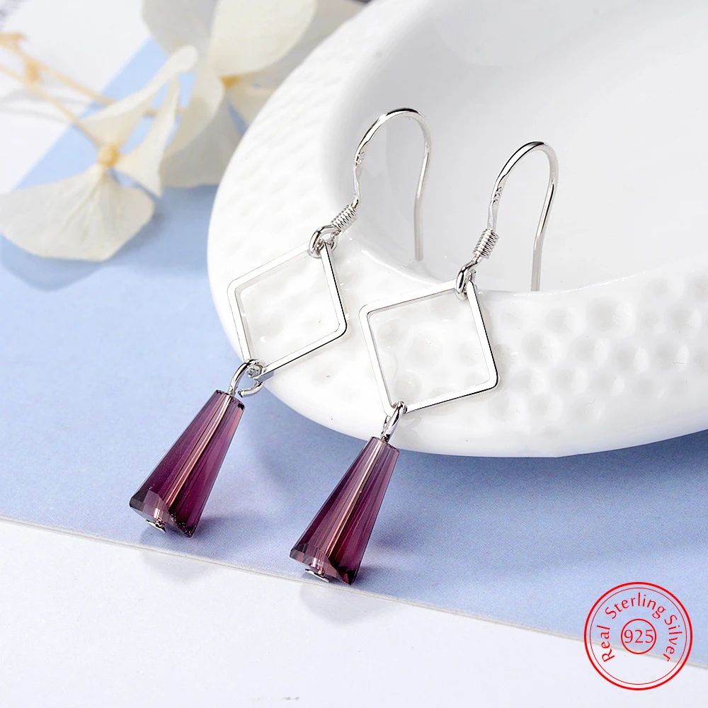

Solid 925 Sterling Silver Jewelry New Quality Fashion Square Crystal Drop Earrings For Women FQL25055
