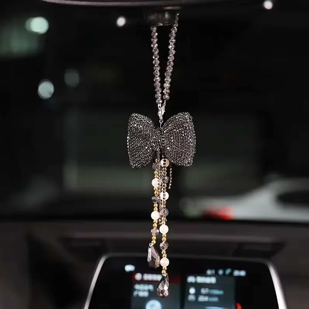Diamond Car Pendant Crystal Bow Tie Rearview Mirror Hanging Chain Car Ornament For Women Female Lanyard Car Interior Decoration
