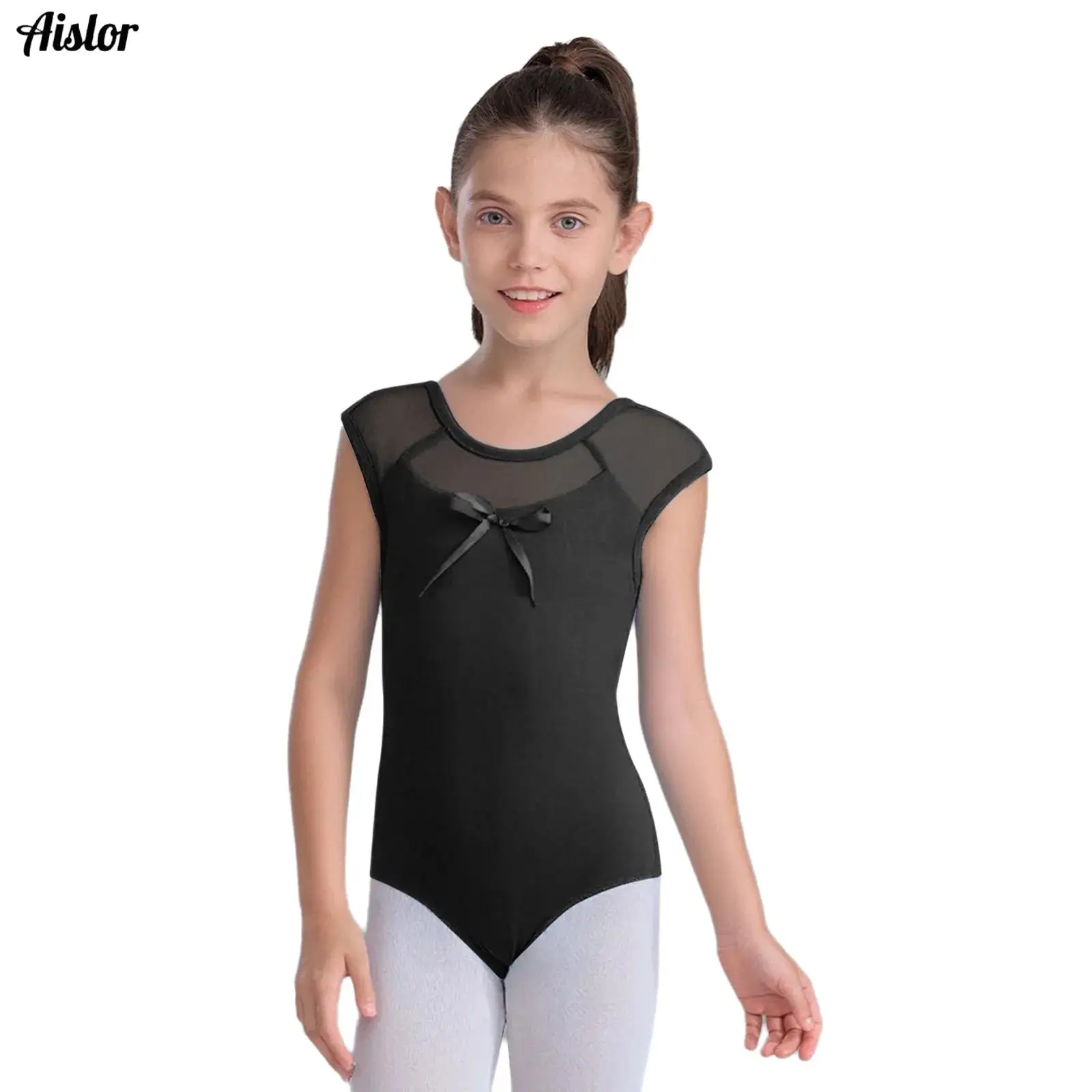 

Kids Girls Ballet Leotard Bow Knot Cutout Back Round Neck Sleeveless Sheer Mesh Patchwork Bodysuit for Ballet Dance Competition